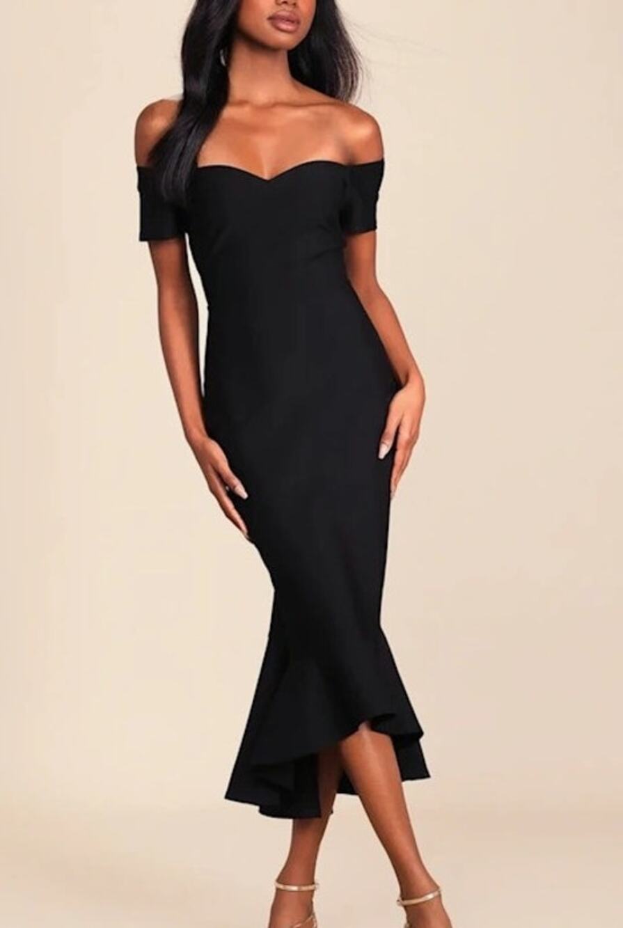 NWT Lulus Off Shoulder Trumpet Midi Dress Mermaid Womens S Black Cocktail Event